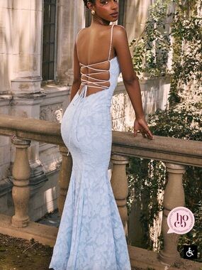 House of CB JOAN Pale Blue Lace Backless Mermaid Gown